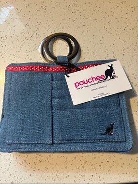 Pouchee Denim Wristlet Pouch in Blue with Red Trim